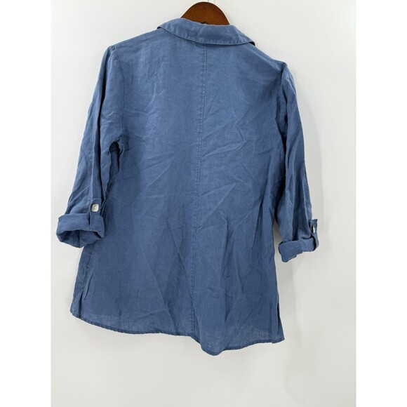 Habitat 100% Linen Blue Women's Top Mother of Pearl Buttons Swing Bottom SMALL - Picture 3 of 16
